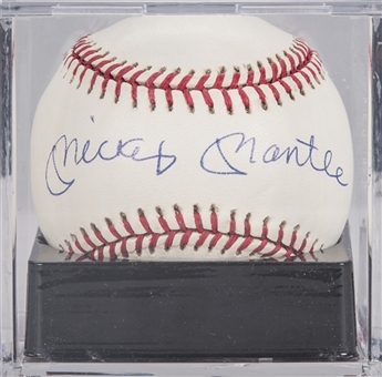 Mickey Mantle Single Signed OAL Brown Baseball (PSA/DNA NM-MT+ 8.5)